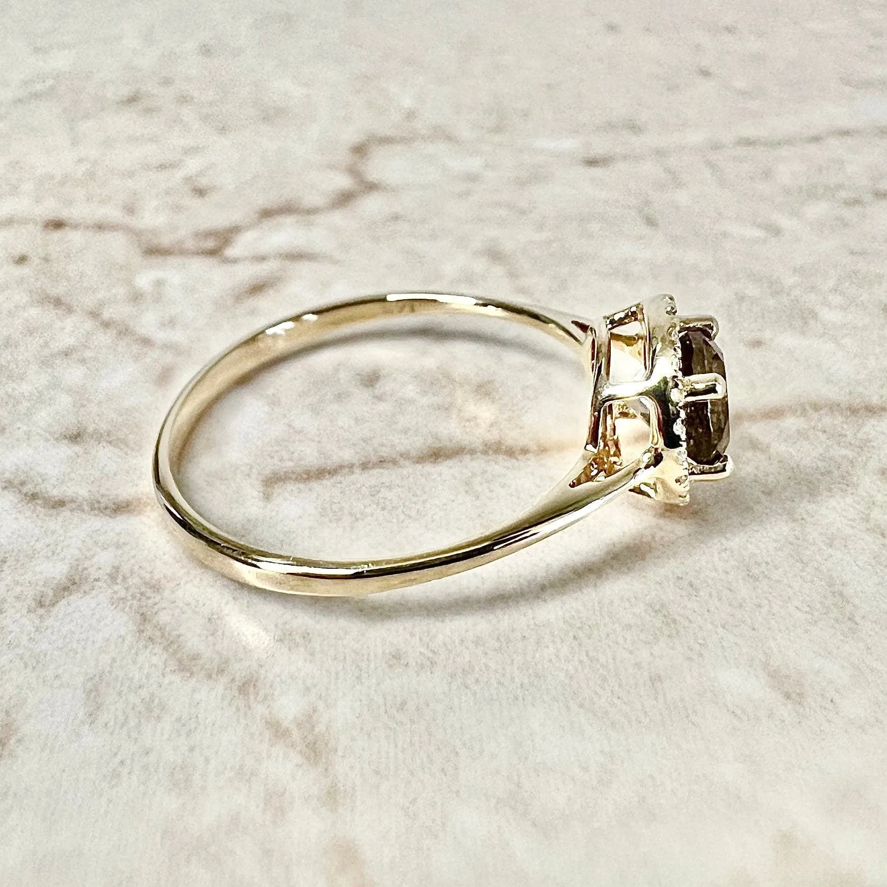 14 Karat Yellow Gold June Birthstone Round Smoky Quartz & Diamond Halo Ring