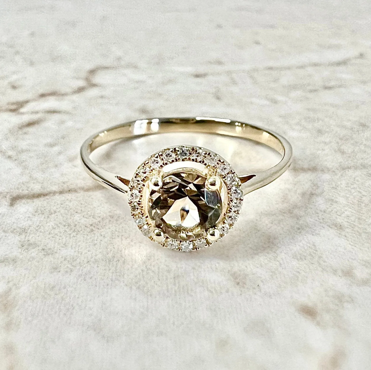 14 Karat Yellow Gold June Birthstone Round Smoky Quartz & Diamond Halo Ring