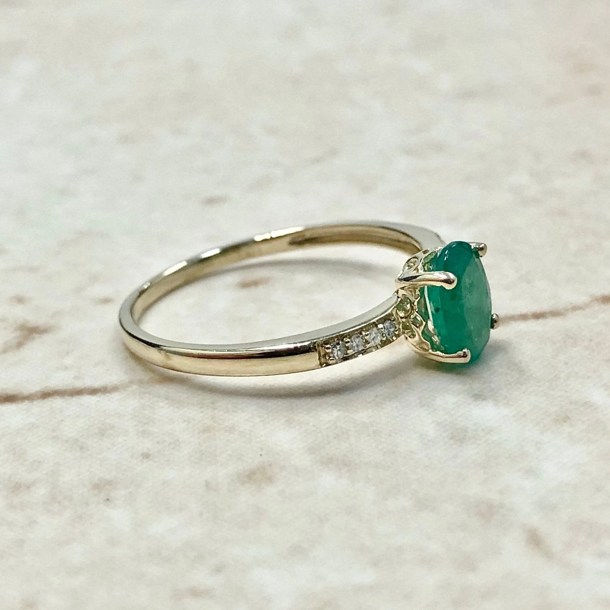 14 Karat Yellow Gold May Birthstone Natural Oval Emerald & Diamond Ring