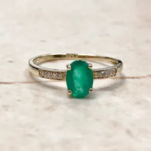 14 Karat Yellow Gold May Birthstone Natural Oval Emerald & Diamond Ring