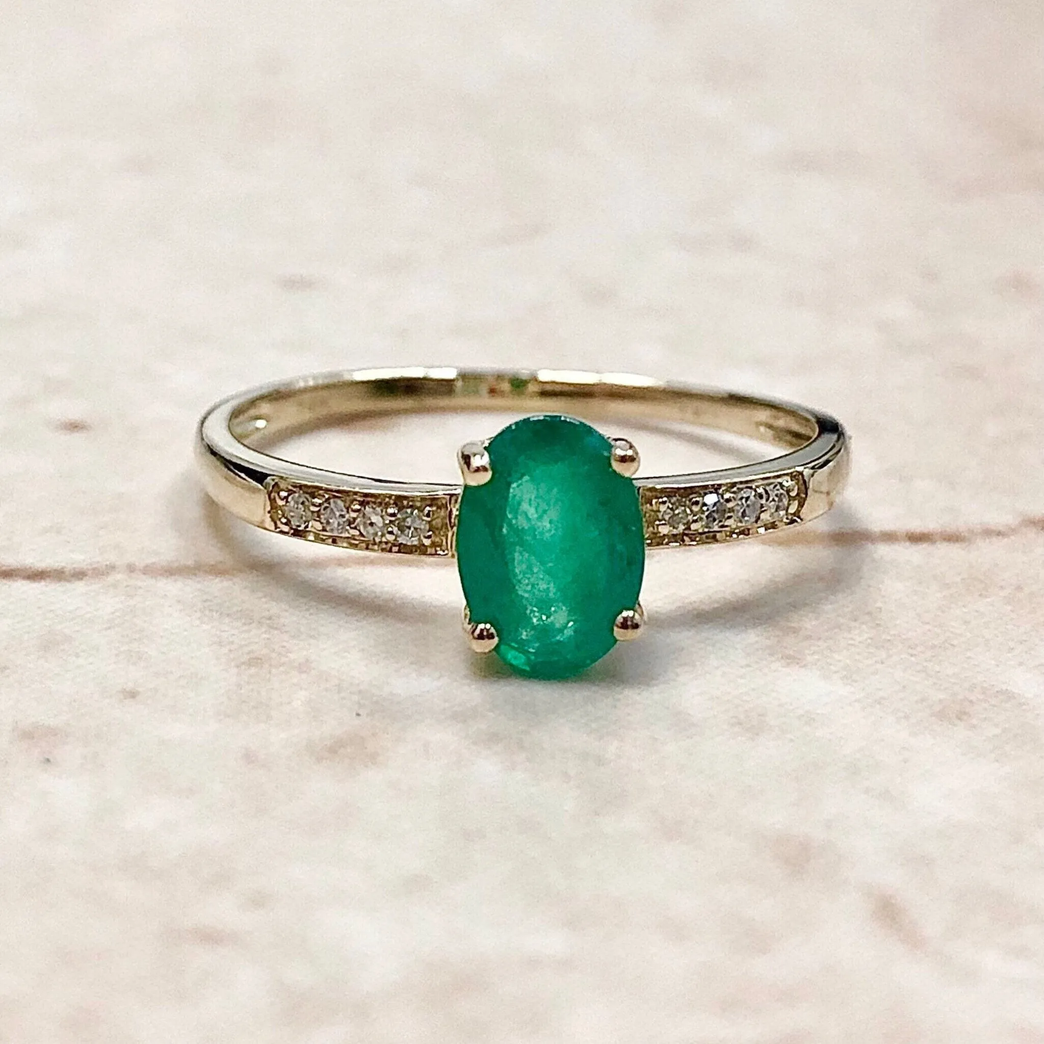 14 Karat Yellow Gold May Birthstone Natural Oval Emerald & Diamond Ring