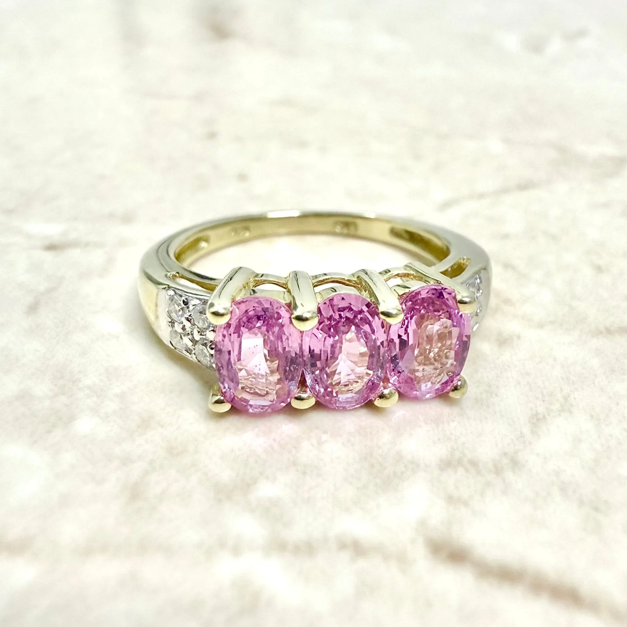 14 Karat Yellow Gold Natural Diamond & Pink Sapphire 3-Stone Ring