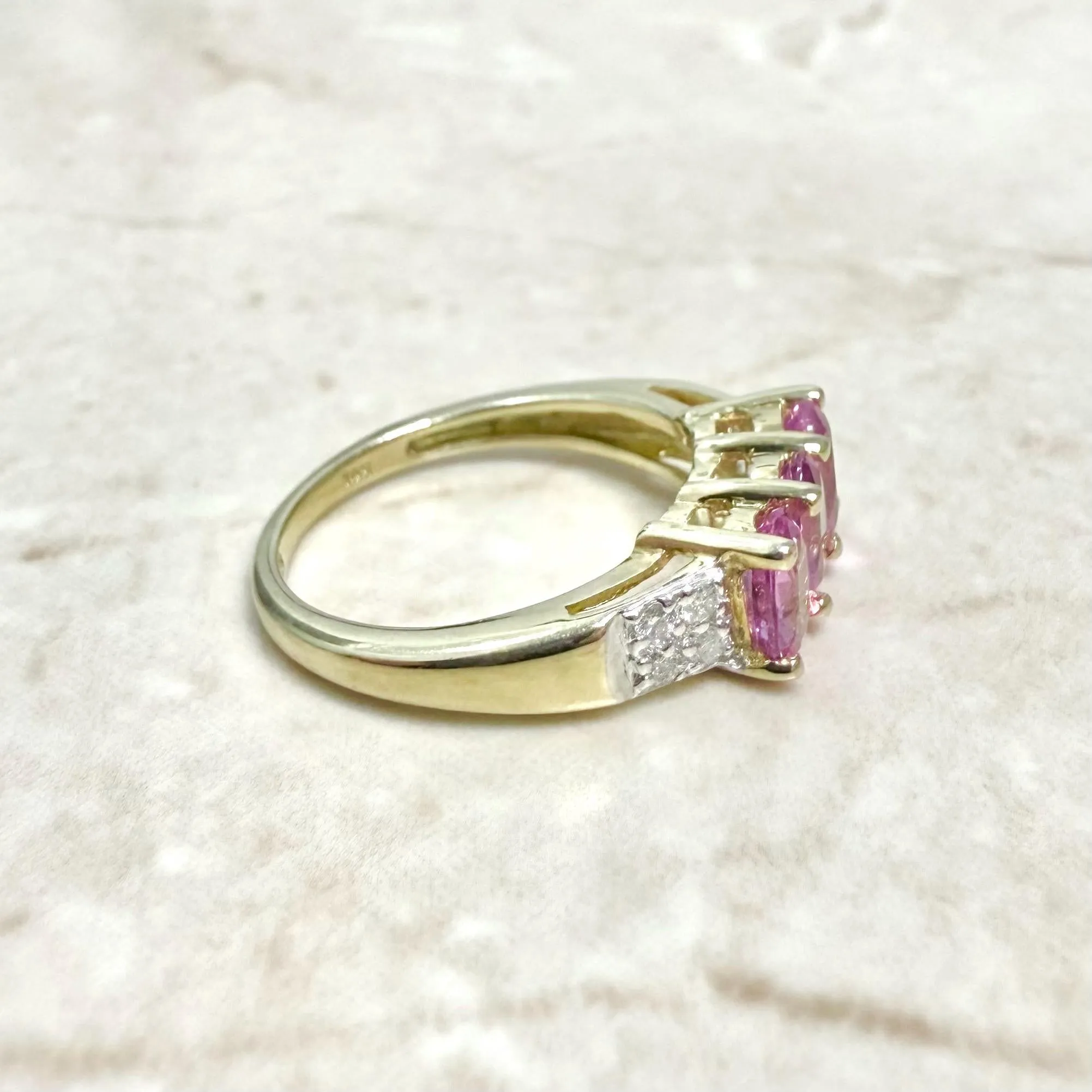 14 Karat Yellow Gold Natural Diamond & Pink Sapphire 3-Stone Ring