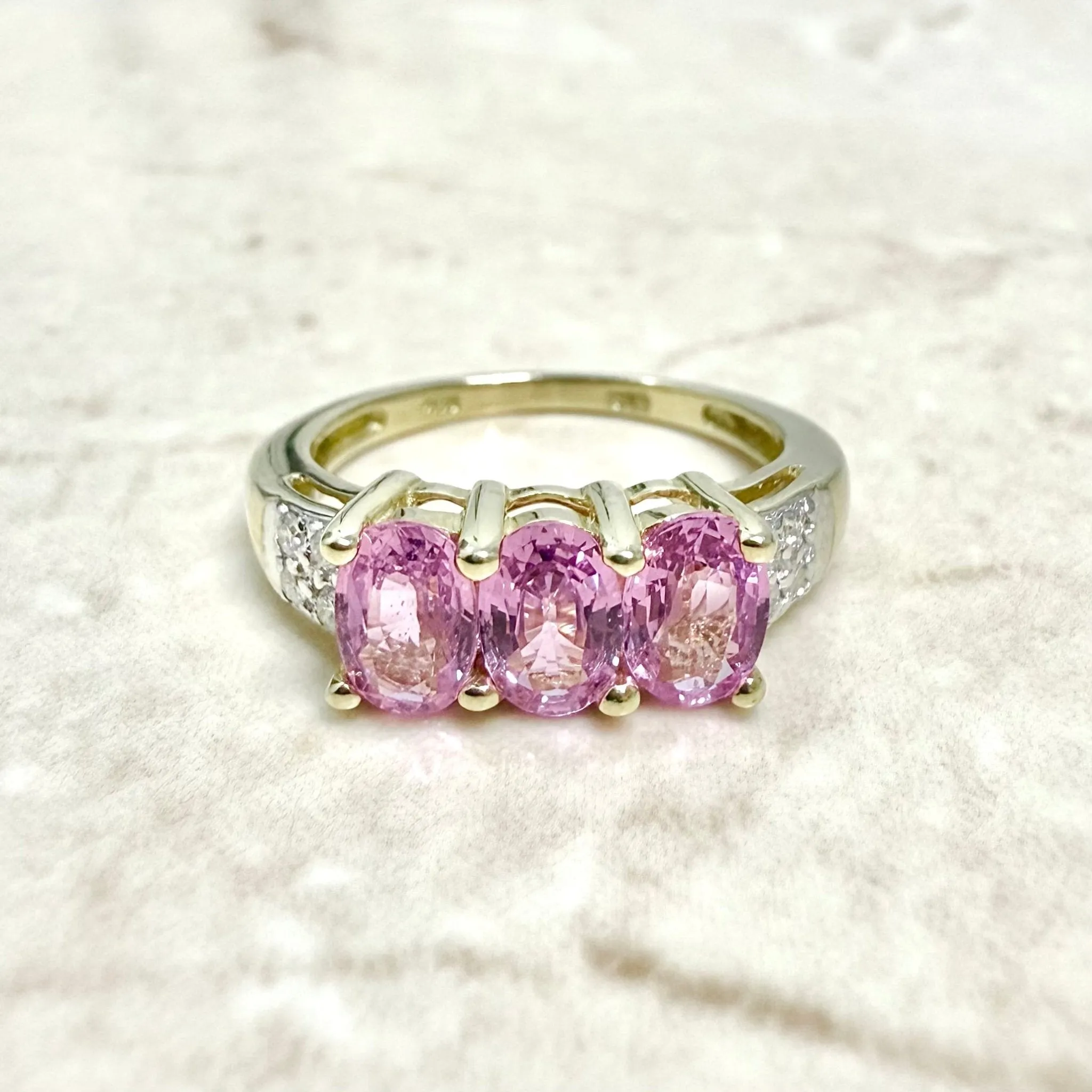 14 Karat Yellow Gold Natural Diamond & Pink Sapphire 3-Stone Ring