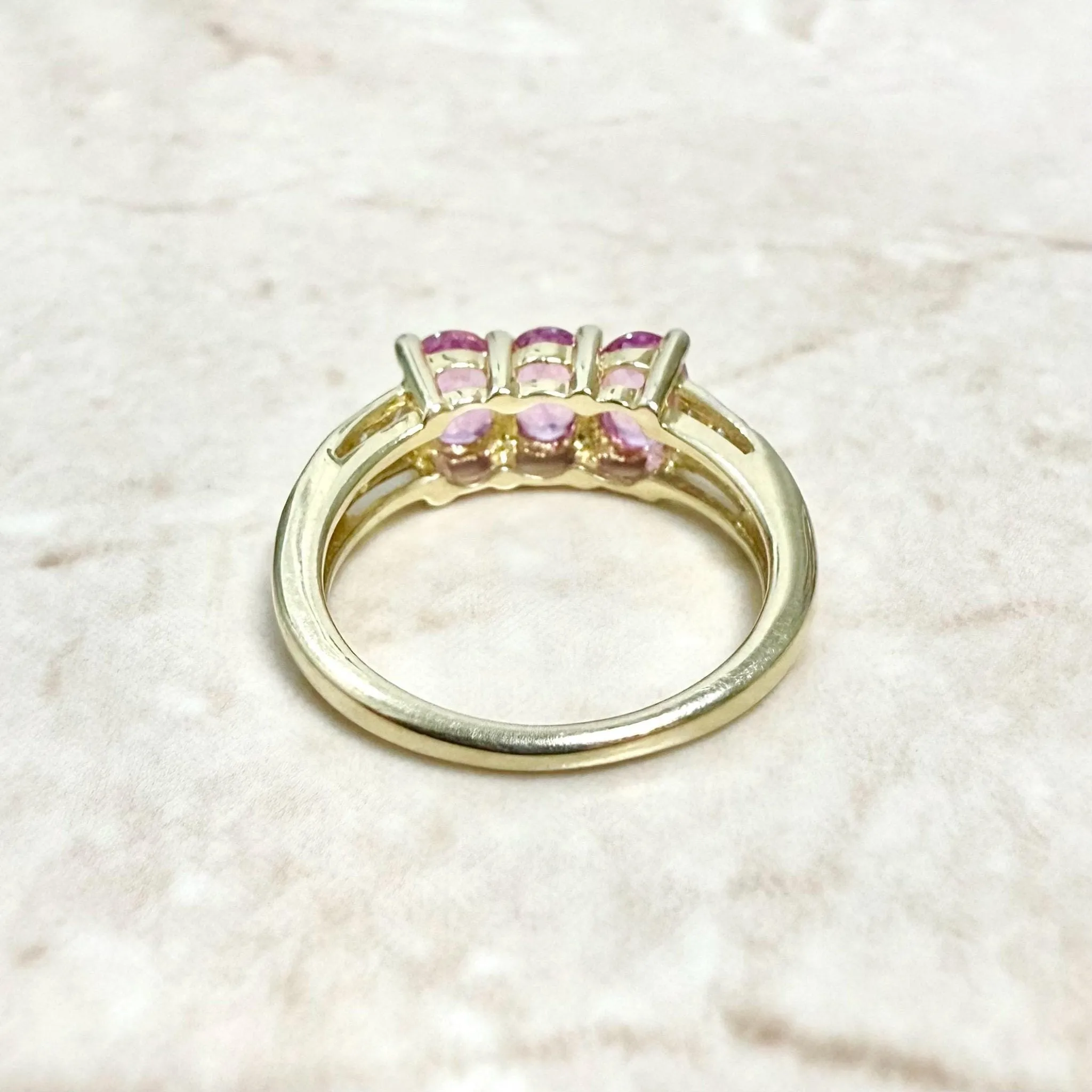 14 Karat Yellow Gold Natural Diamond & Pink Sapphire 3-Stone Ring