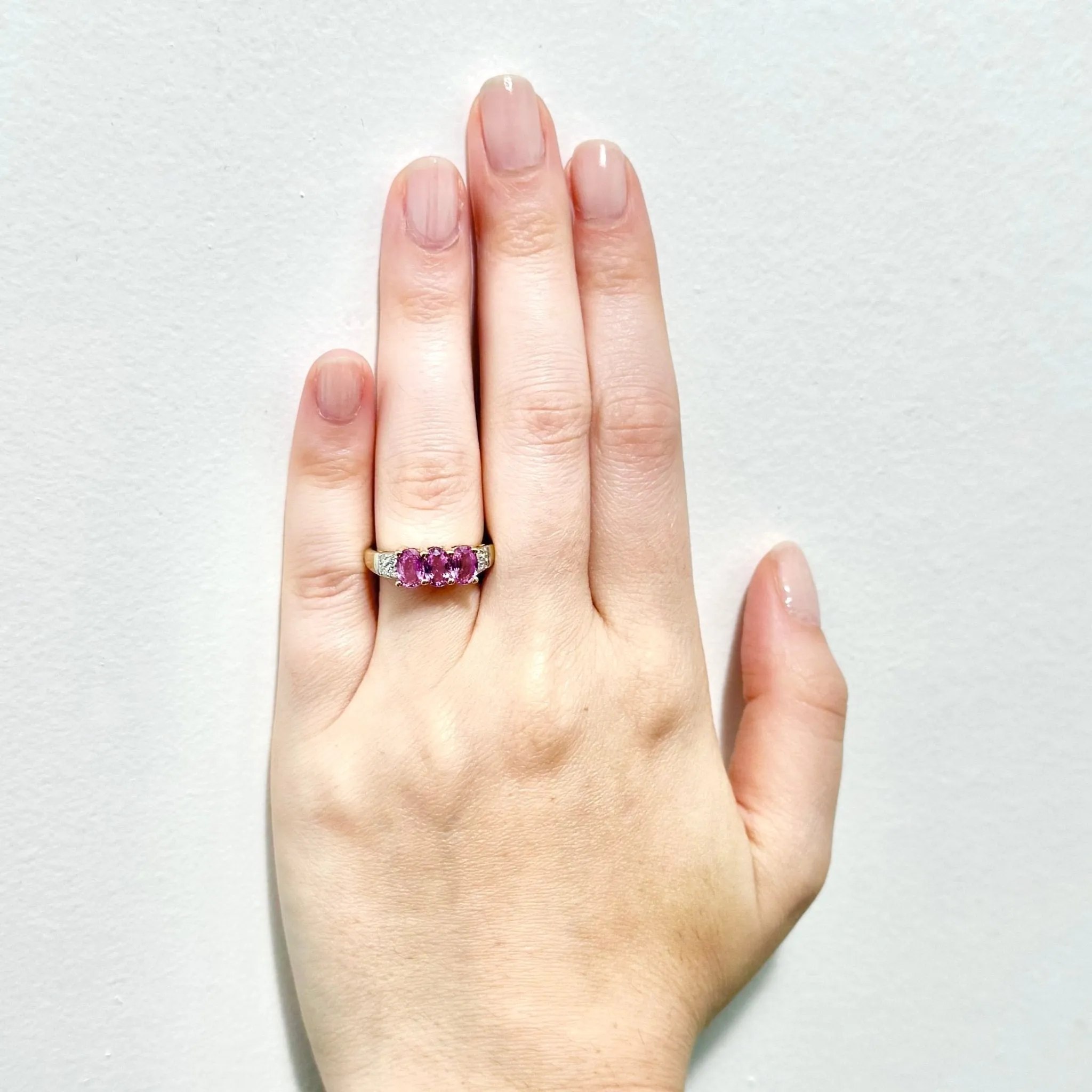 14 Karat Yellow Gold Natural Diamond & Pink Sapphire 3-Stone Ring