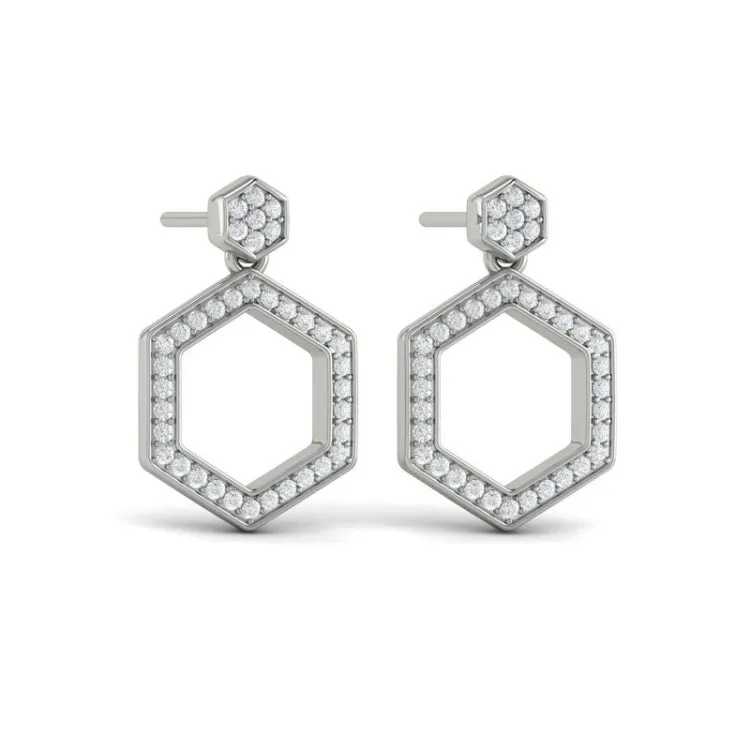 14 KT White Gold Channel Set Diamond Open Honeycomb Drop Stud Earrings