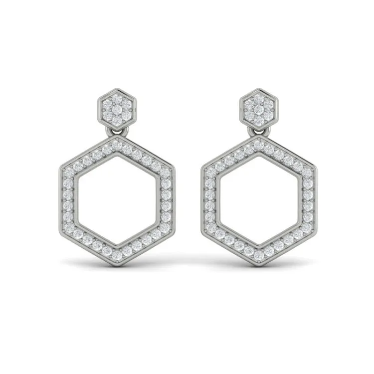 14 KT White Gold Channel Set Diamond Open Honeycomb Drop Stud Earrings