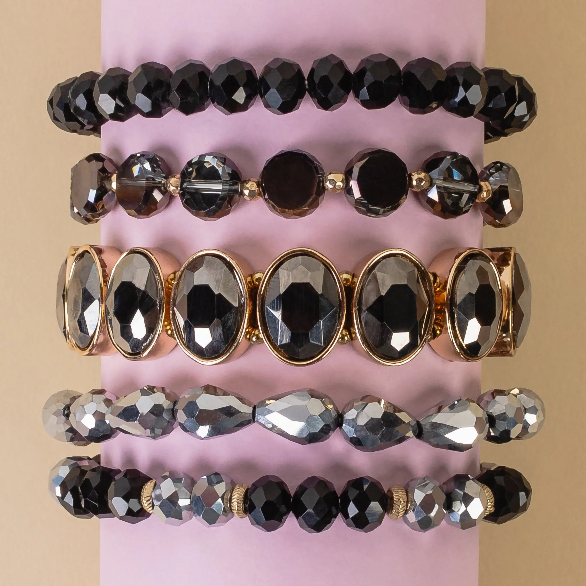 1418 - Beaded Stacked Bracelets - Black
