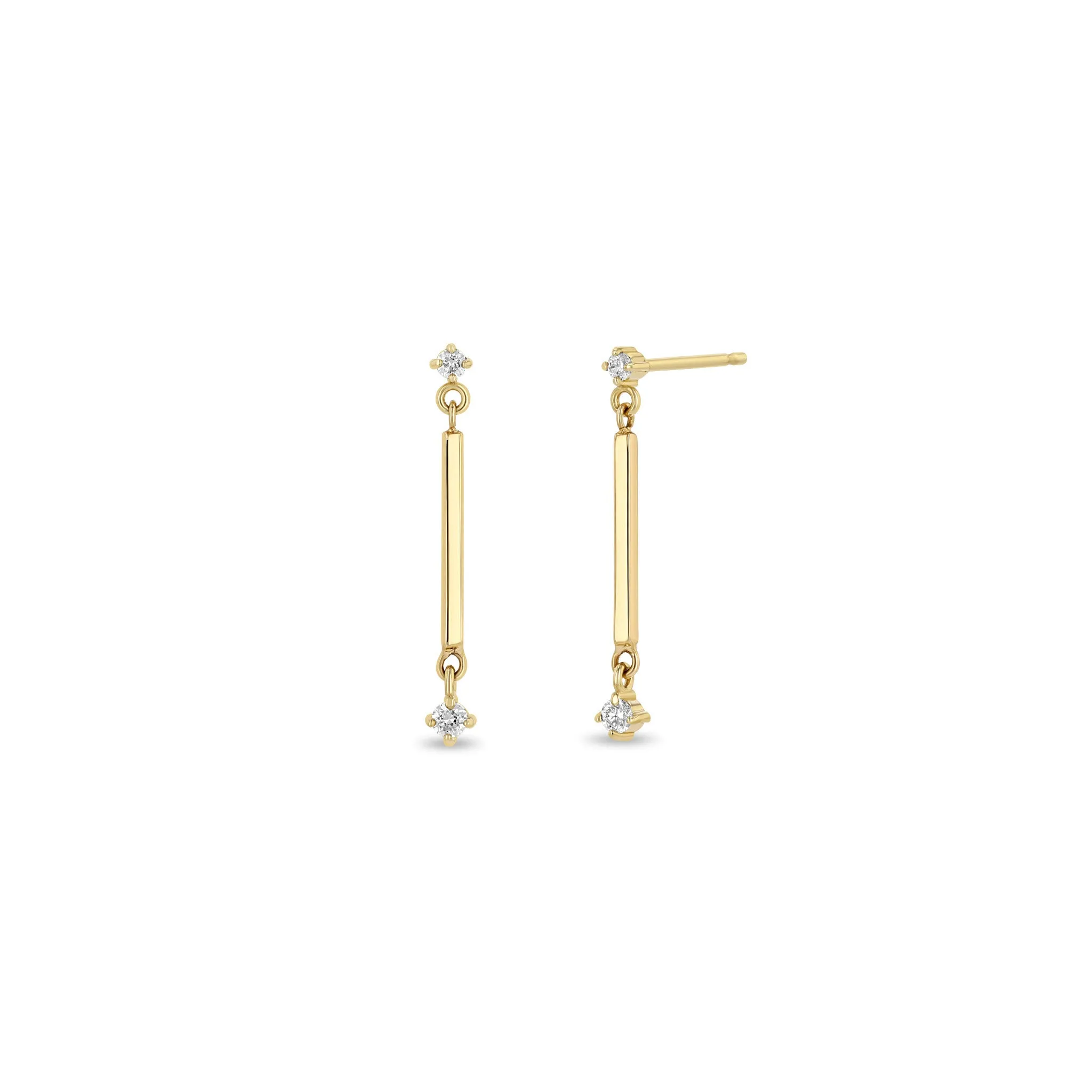 14k Gold Bar & 2 Prong Diamond Drop Earrings
