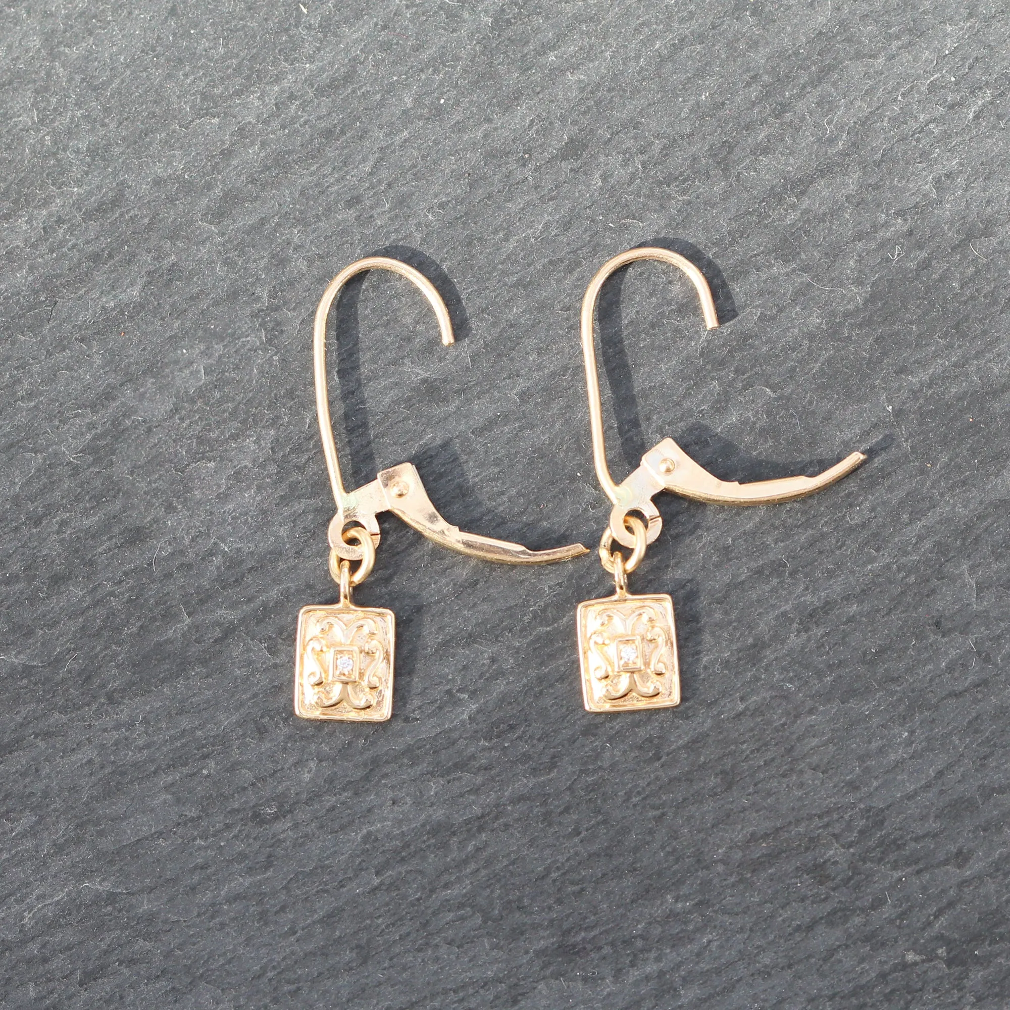 14k Gold   Diamond Rectangle Charm Earrings