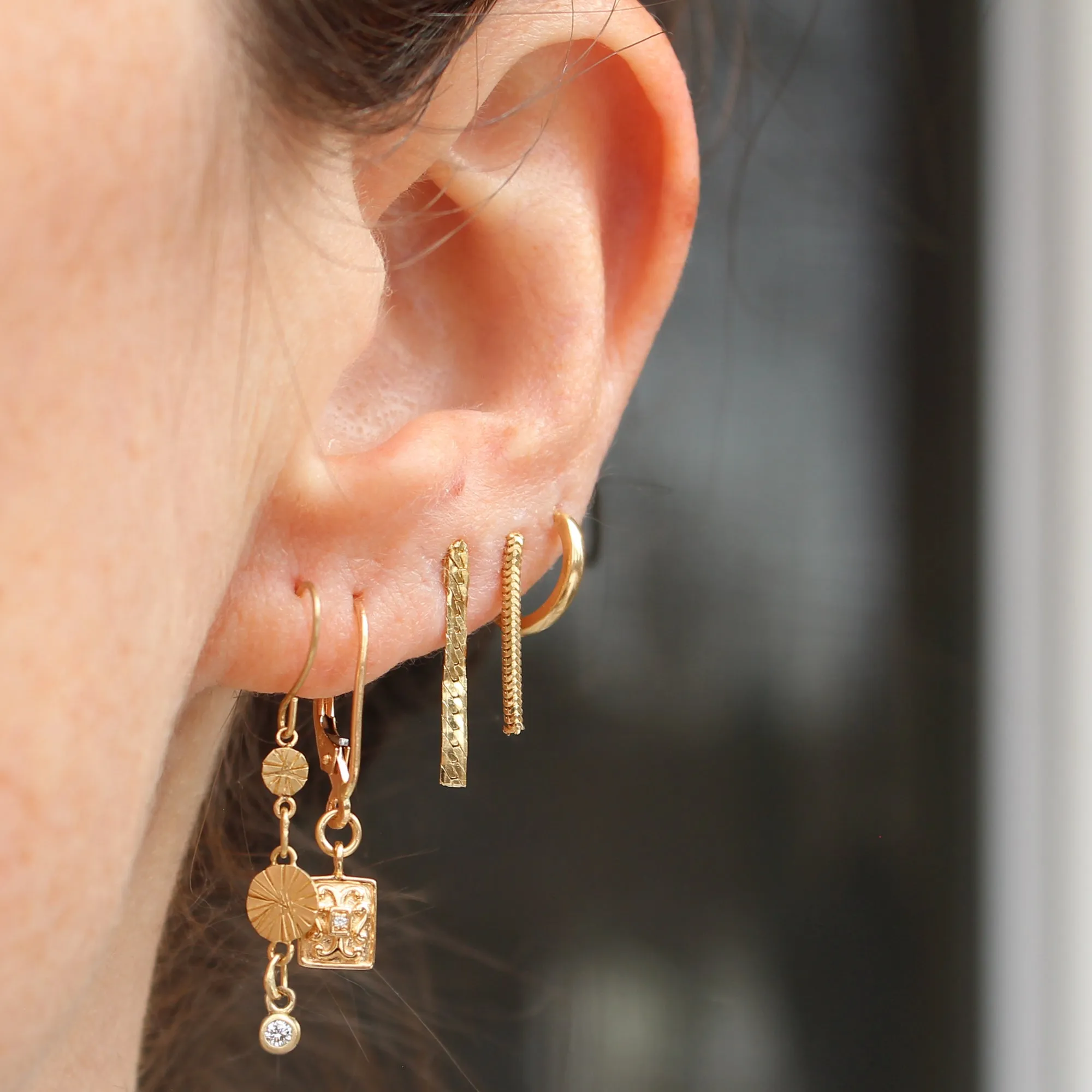14k Gold   Diamond Rectangle Charm Earrings