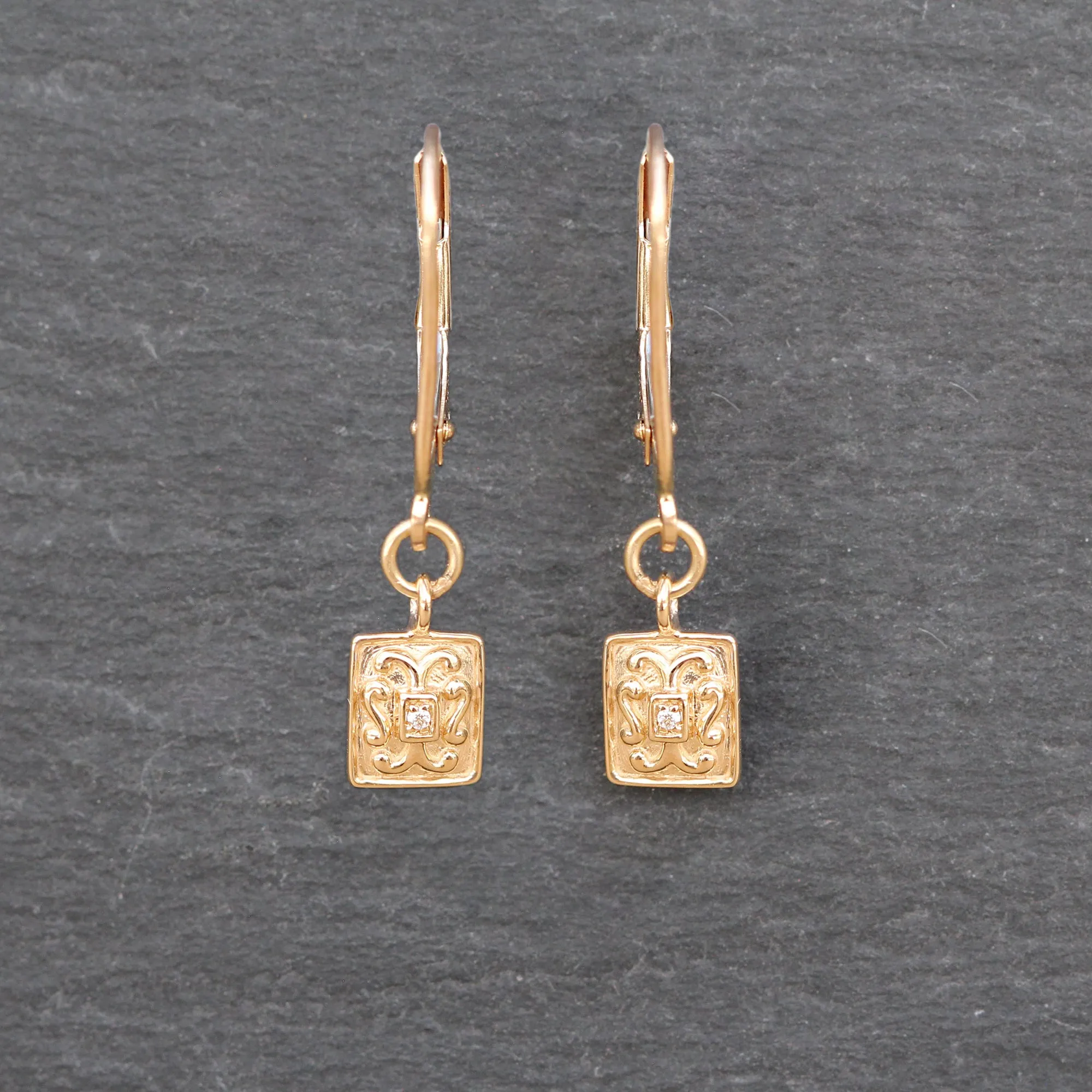 14k Gold   Diamond Rectangle Charm Earrings