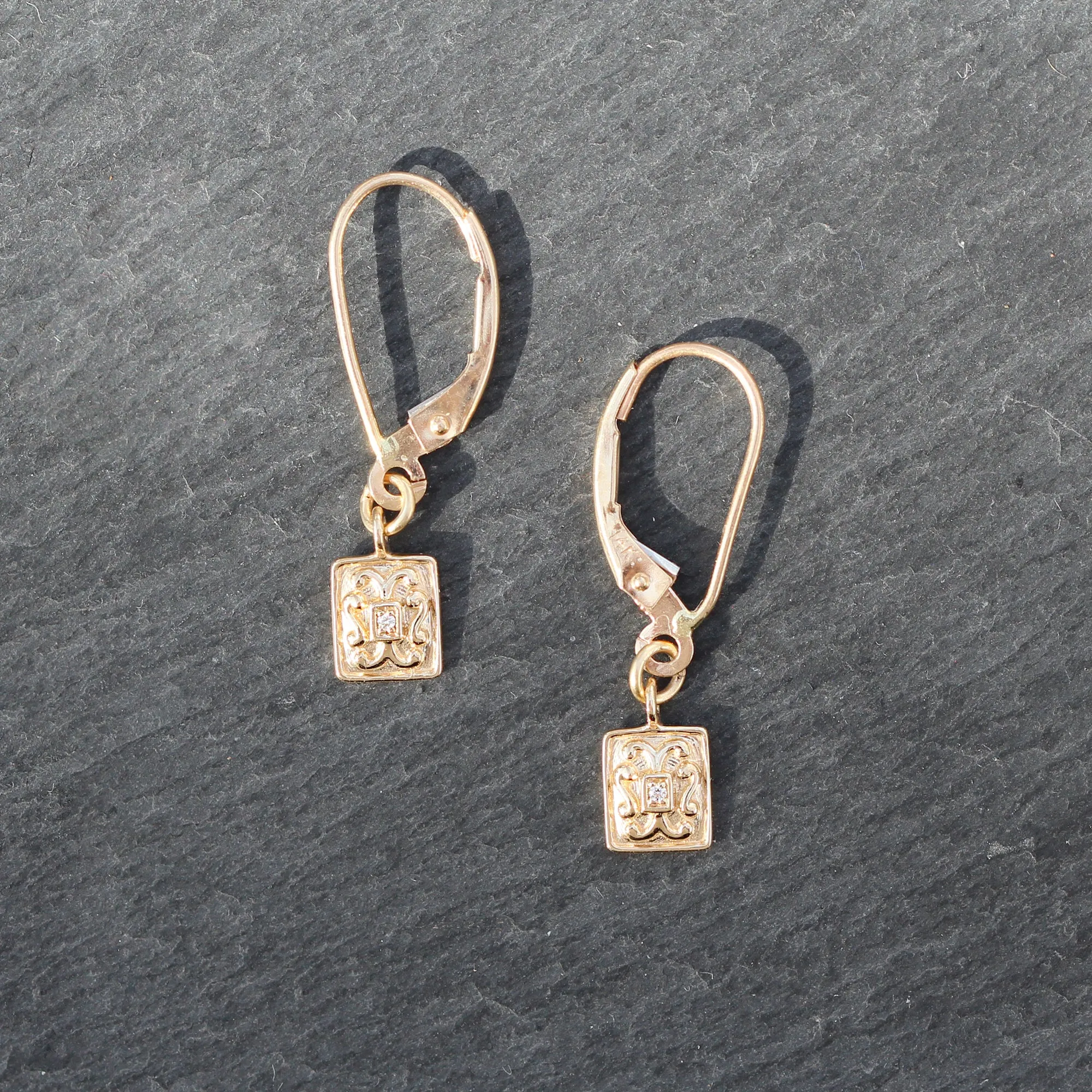 14k Gold   Diamond Rectangle Charm Earrings