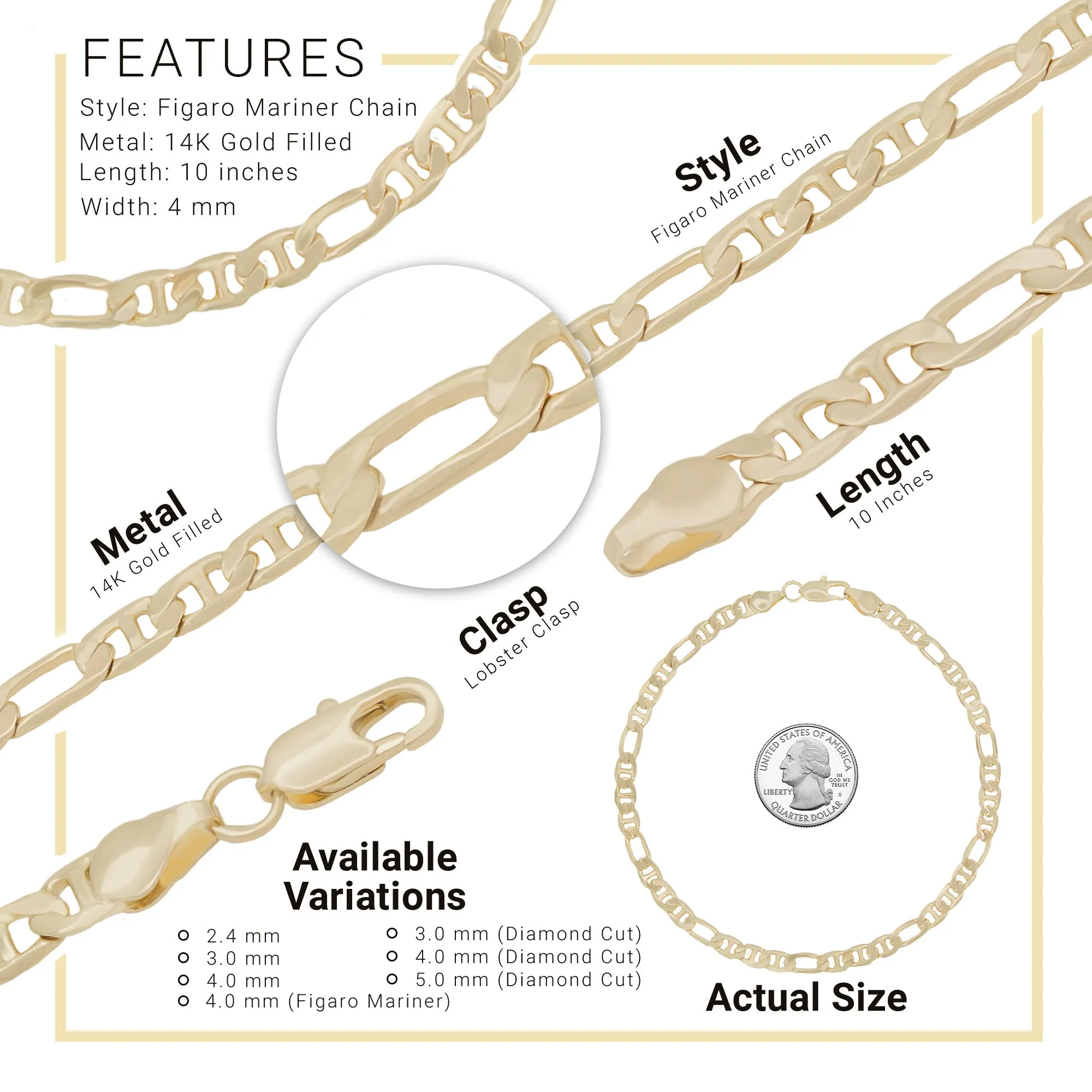 14K Gold Filled Anklet Figaro Mariner Chain Anklet 10" Women Jewelry