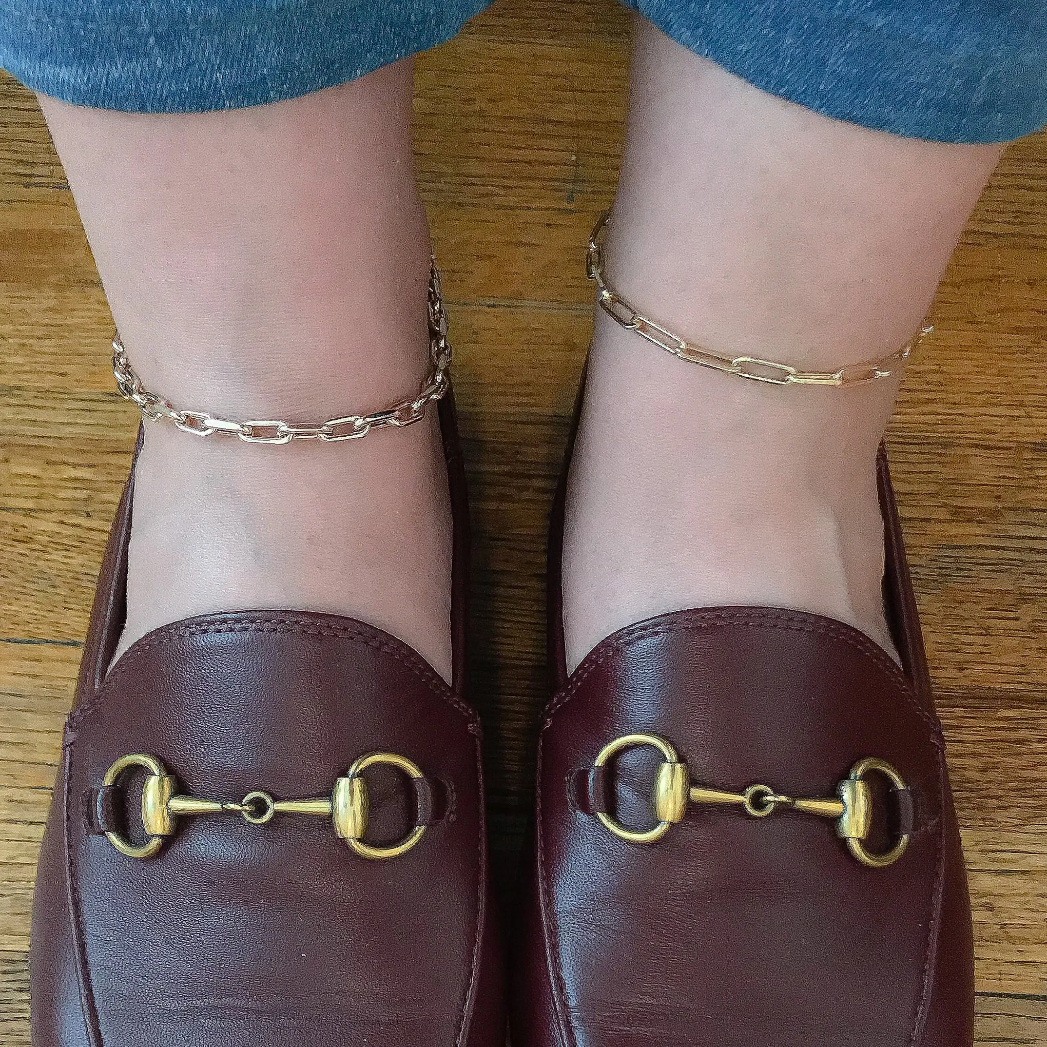 14K Gold Thin Elongated Oval Link Ankle Bracelet, Large Size Links