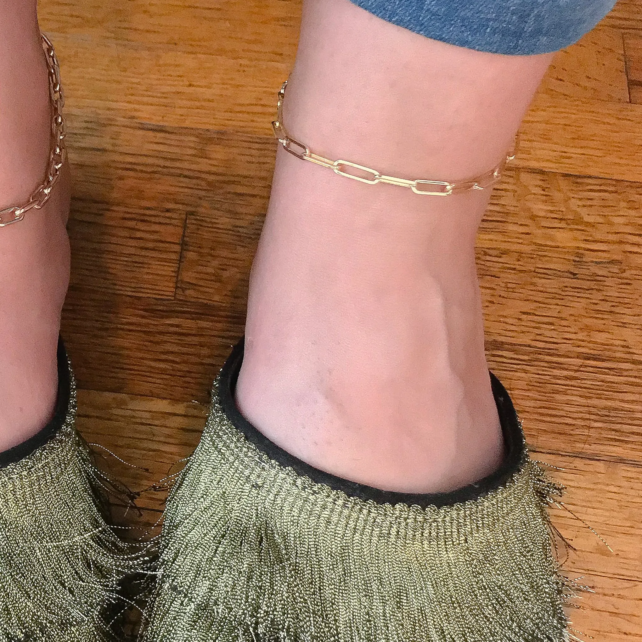 14K Gold Thin Elongated Oval Link Ankle Bracelet, Large Size Links