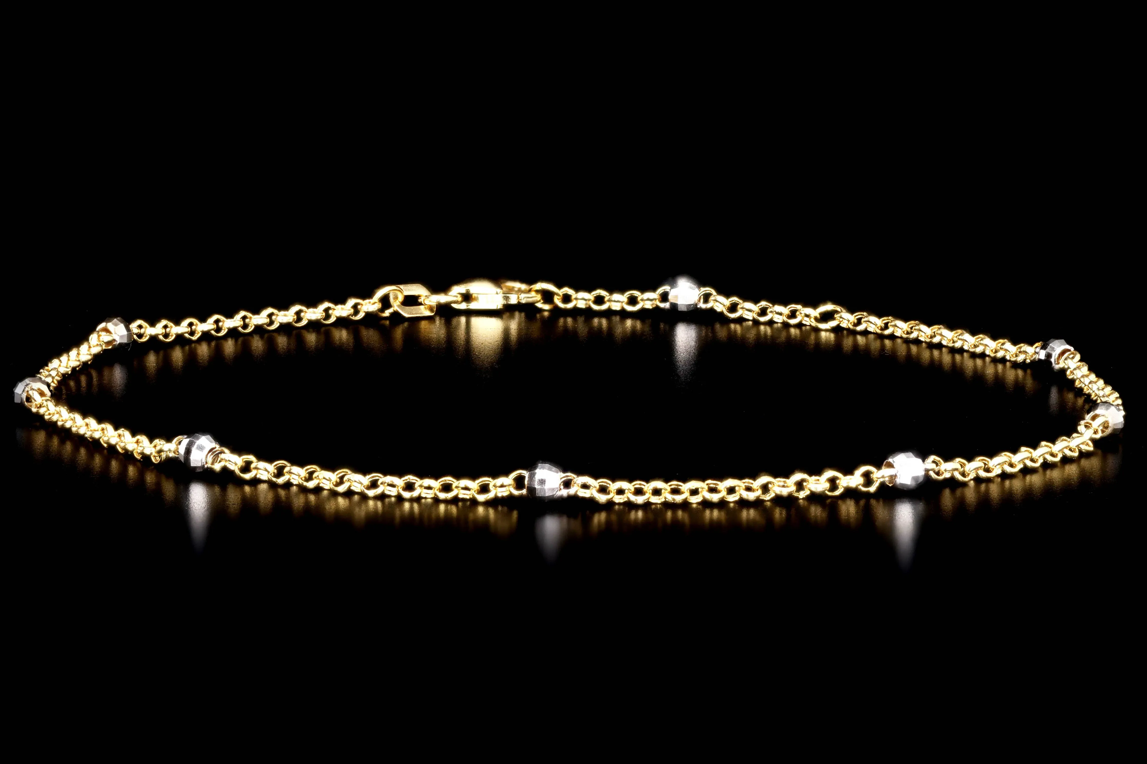 14K Gold Two Tone Diamond Cut Bead Station Chain Anklet