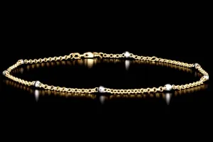14K Gold Two Tone Diamond Cut Bead Station Chain Anklet