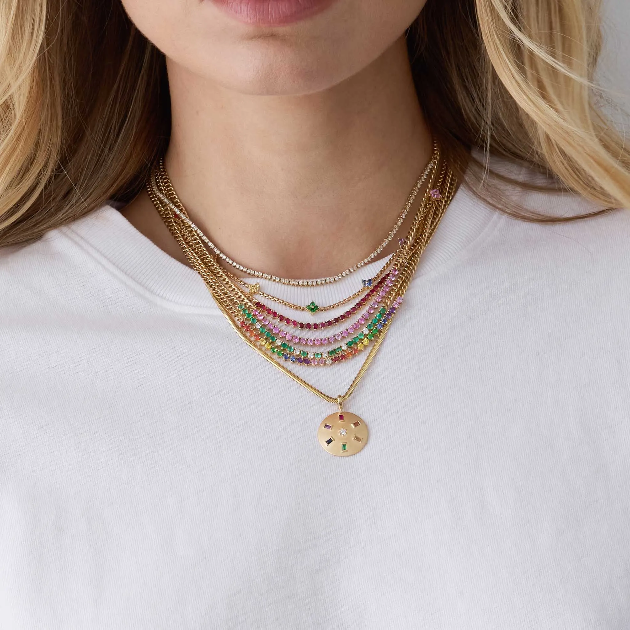 14k Rainbow Sapphire Tennis Segment Small Curb Chain Necklace