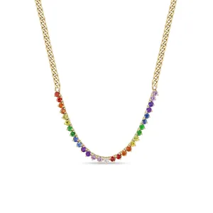 14k Rainbow Sapphire Tennis Segment Small Curb Chain Necklace
