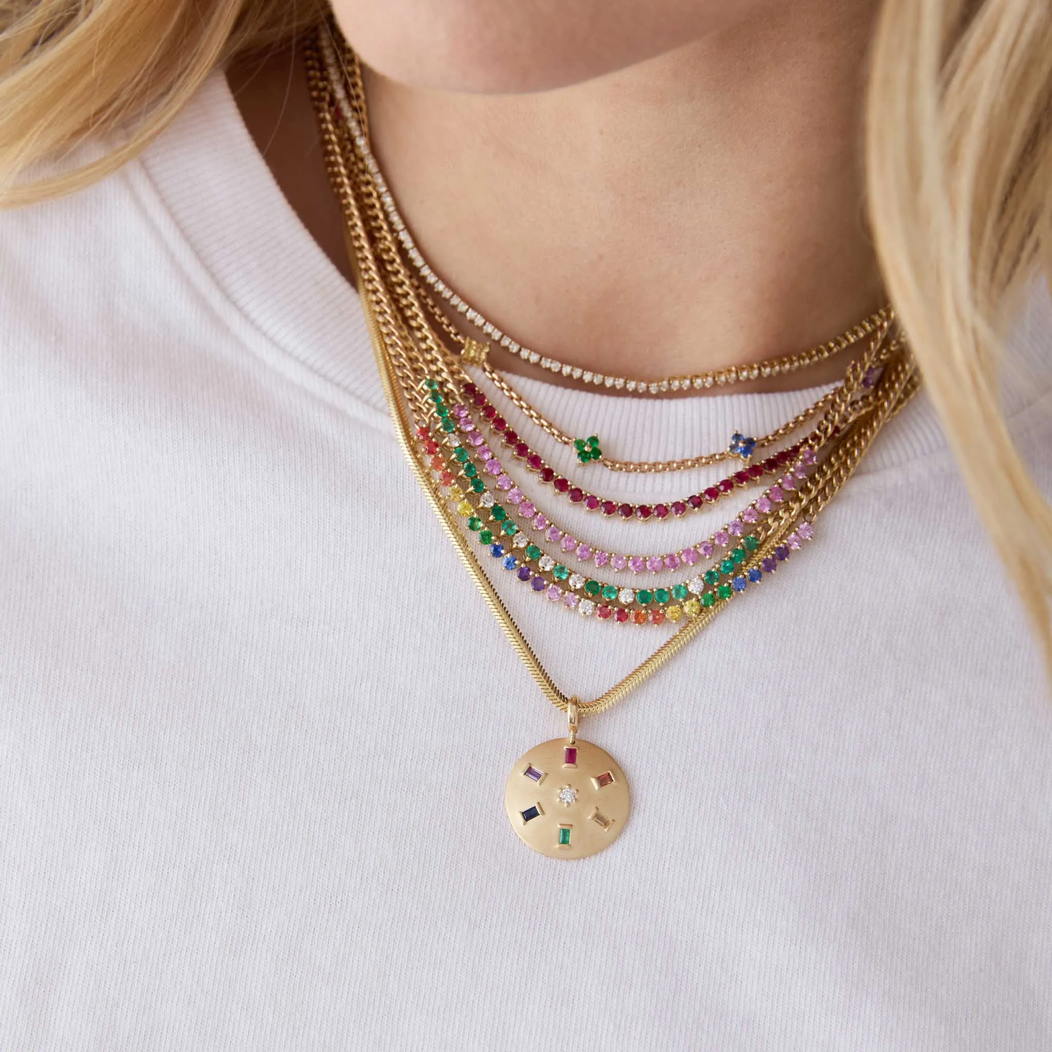 14k Rainbow Sapphire Tennis Segment Small Curb Chain Necklace