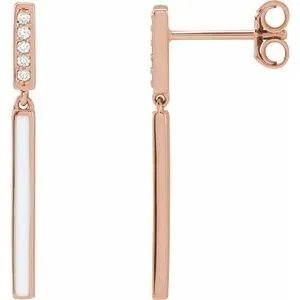 14K Rose .06 CTW Natural Diamond & White Enamel Bar Earrings