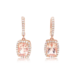 14K Rose Gold Cushion Cut Morganite And Diamond Halo Drop Earrings (3.06ctw)