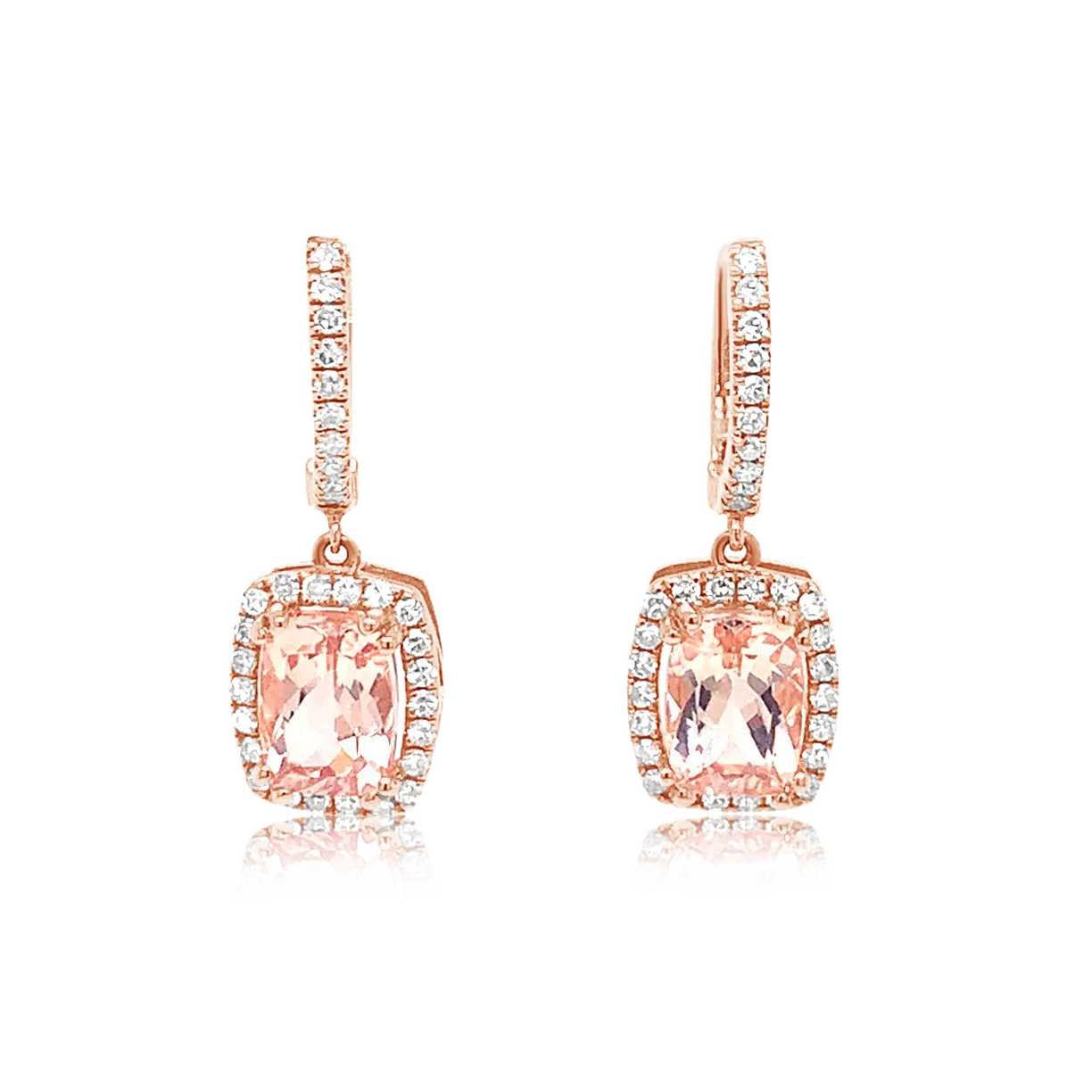 14K Rose Gold Cushion Cut Morganite And Diamond Halo Drop Earrings (3.06ctw)