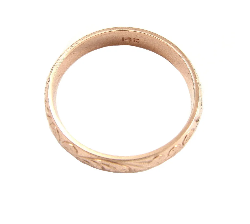 14K ROSE GOLD CUSTOM HAND ENGRAVED HAWAIIAN QUEEN PLUMERIA SCROLL BAND RING 4MM