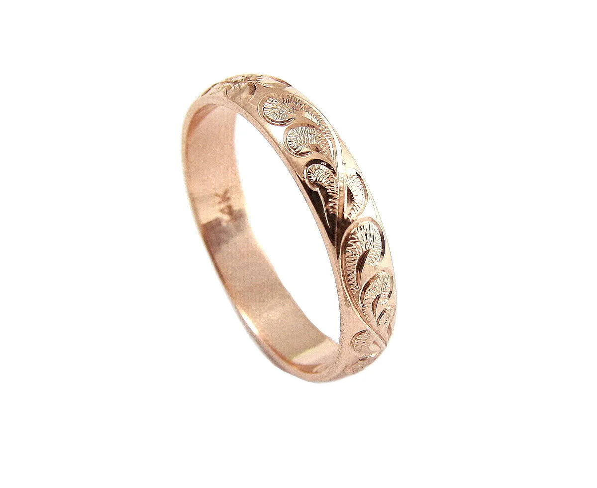 14K ROSE GOLD CUSTOM HAND ENGRAVED HAWAIIAN QUEEN PLUMERIA SCROLL BAND RING 4MM