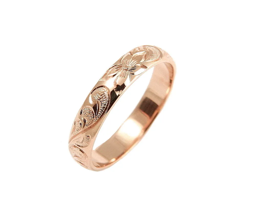 14K ROSE GOLD CUSTOM HAND ENGRAVED HAWAIIAN QUEEN PLUMERIA SCROLL BAND RING 4MM
