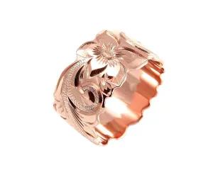 14K ROSE GOLD HAND ENGRAVED HAWAIIAN PLUMERIA SCROLL BAND RING CUT OUT 10MM