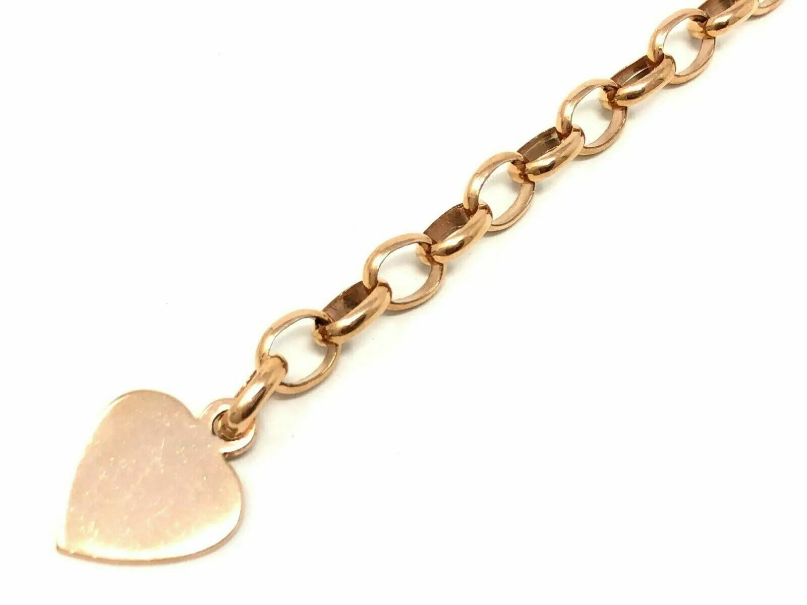 14k Rose Gold Oval Rolo Link Chain Heart Charm Bracelet 7.5" 17 grams