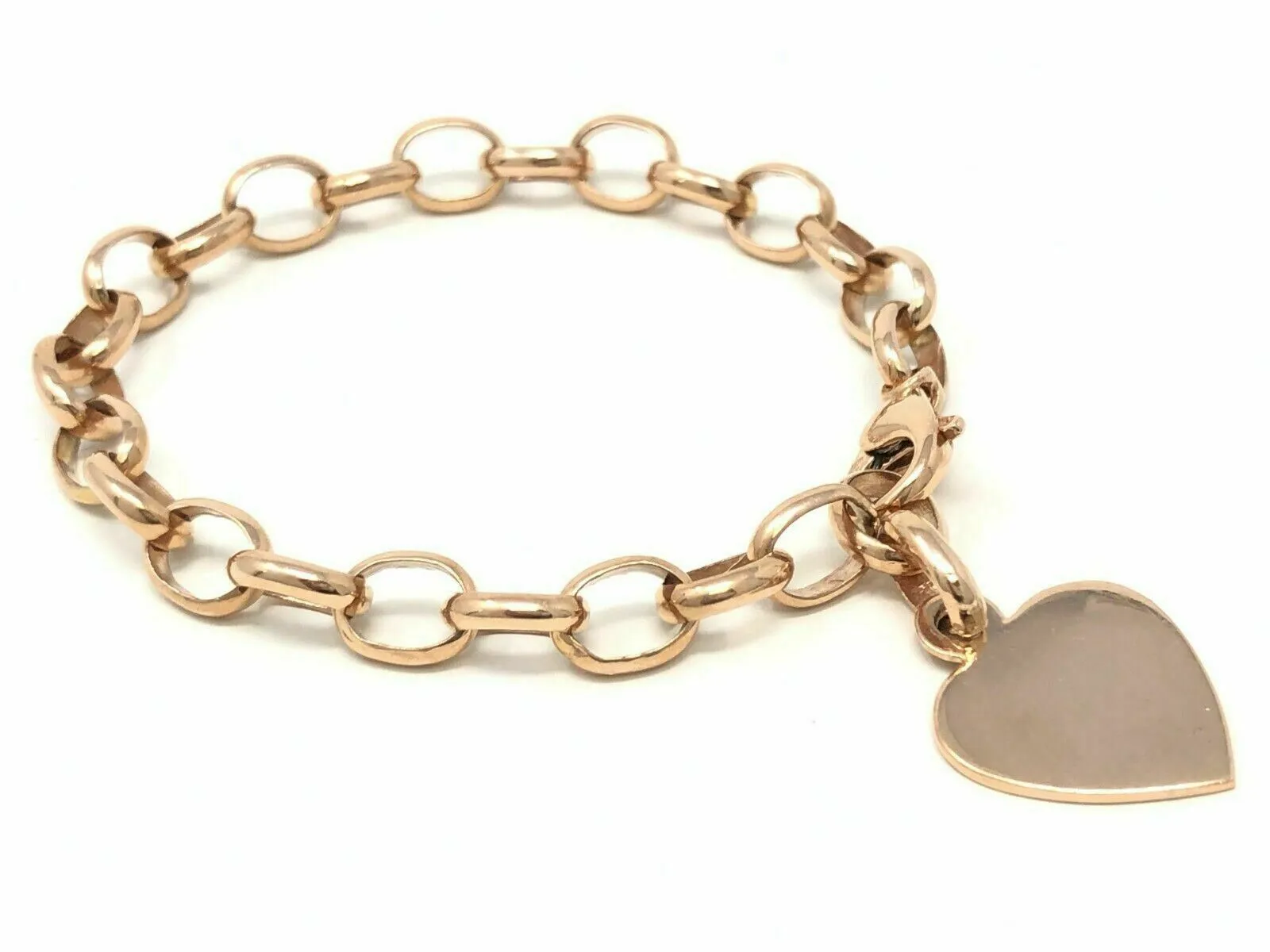 14k Rose Gold Oval Rolo Link Chain Heart Charm Bracelet 7.5" 17 grams