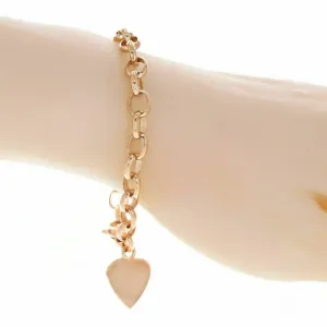 14k Rose Gold Oval Rolo Link Chain Heart Charm Bracelet 7.5" 17 grams