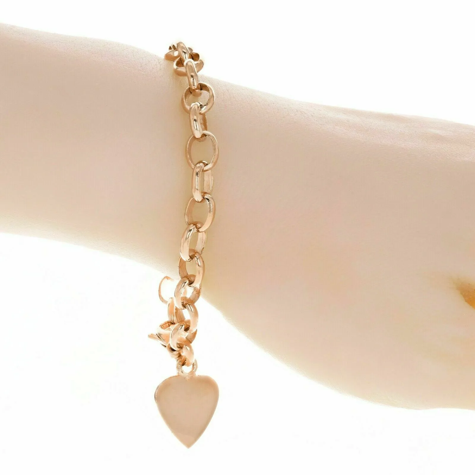 14k Rose Gold Oval Rolo Link Chain Heart Charm Bracelet 7.5" 17 grams