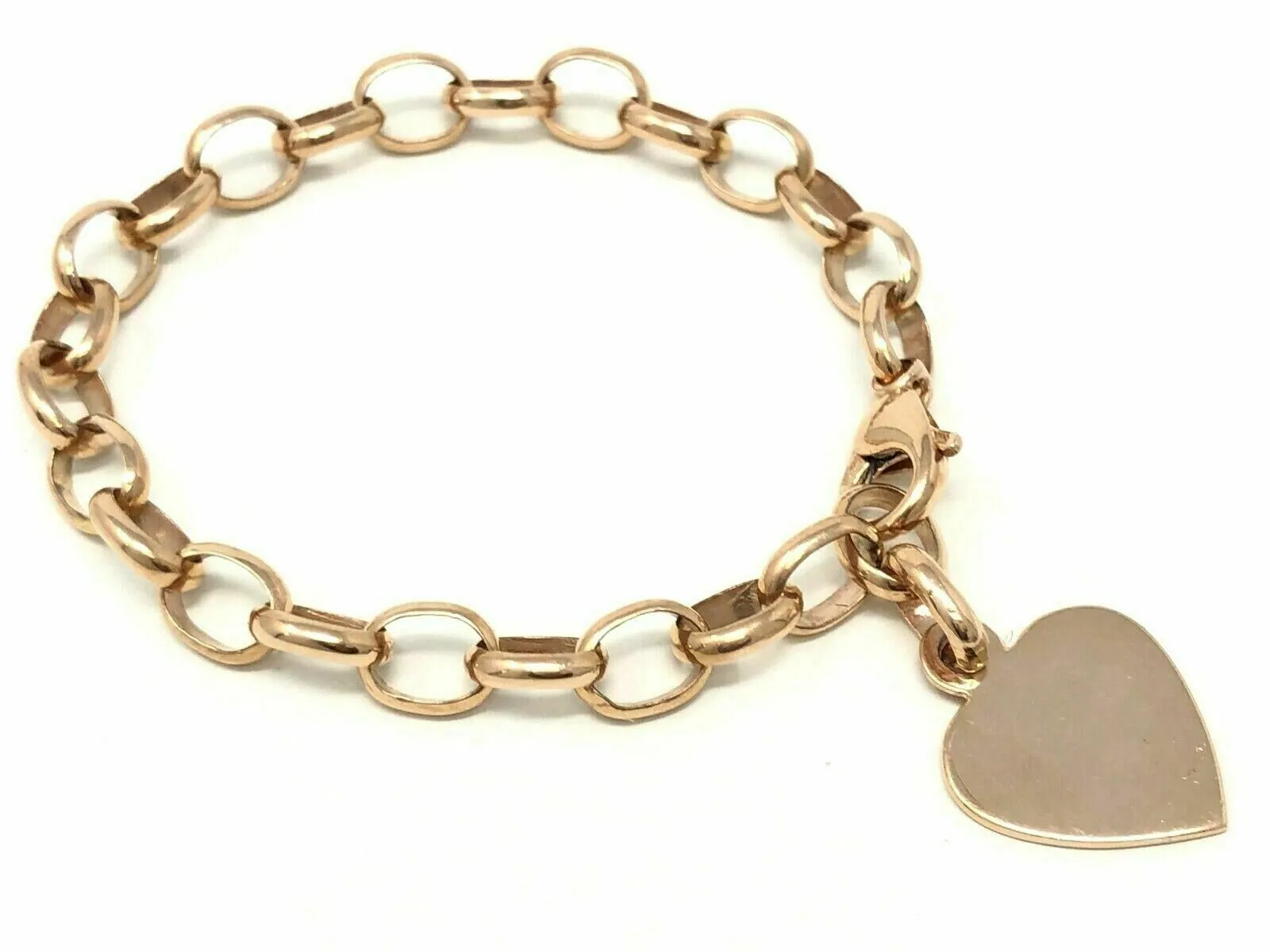 14k Rose Gold Oval Rolo Link Chain Heart Charm Bracelet 7.5" 17 grams