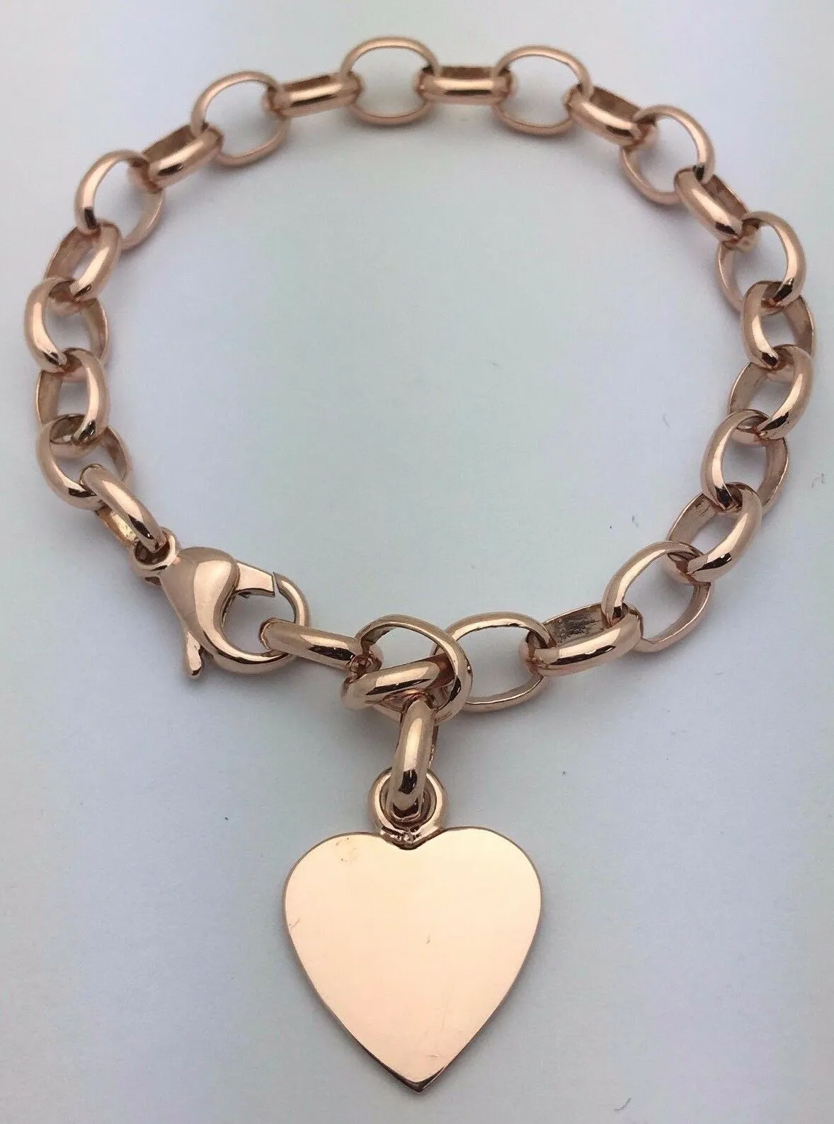 14k Rose Gold Oval Rolo Link Chain Heart Charm Bracelet 8.5" 19 grams