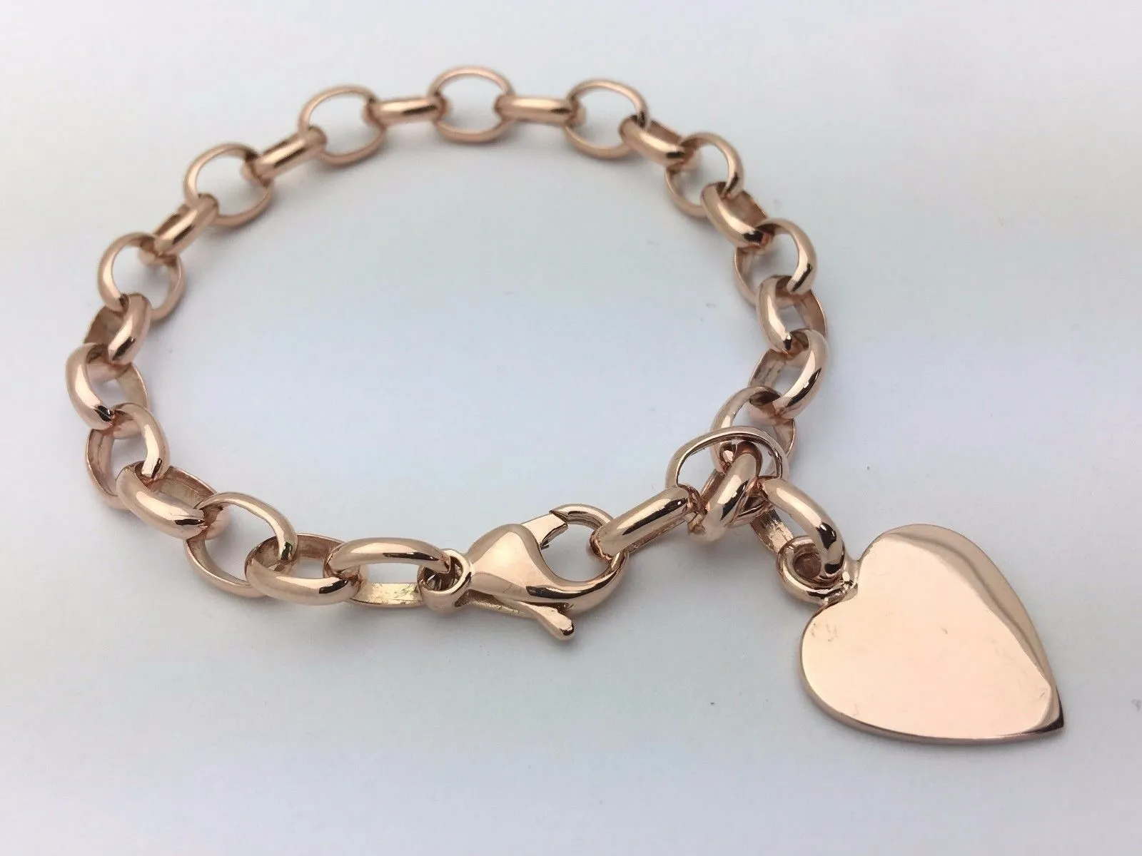 14k Rose Gold Oval Rolo Link Chain Heart Charm Bracelet 8.5" 19 grams