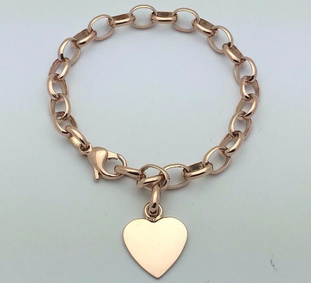 14k Rose Gold Oval Rolo Link Chain Heart Charm Bracelet 8.5" 19 grams