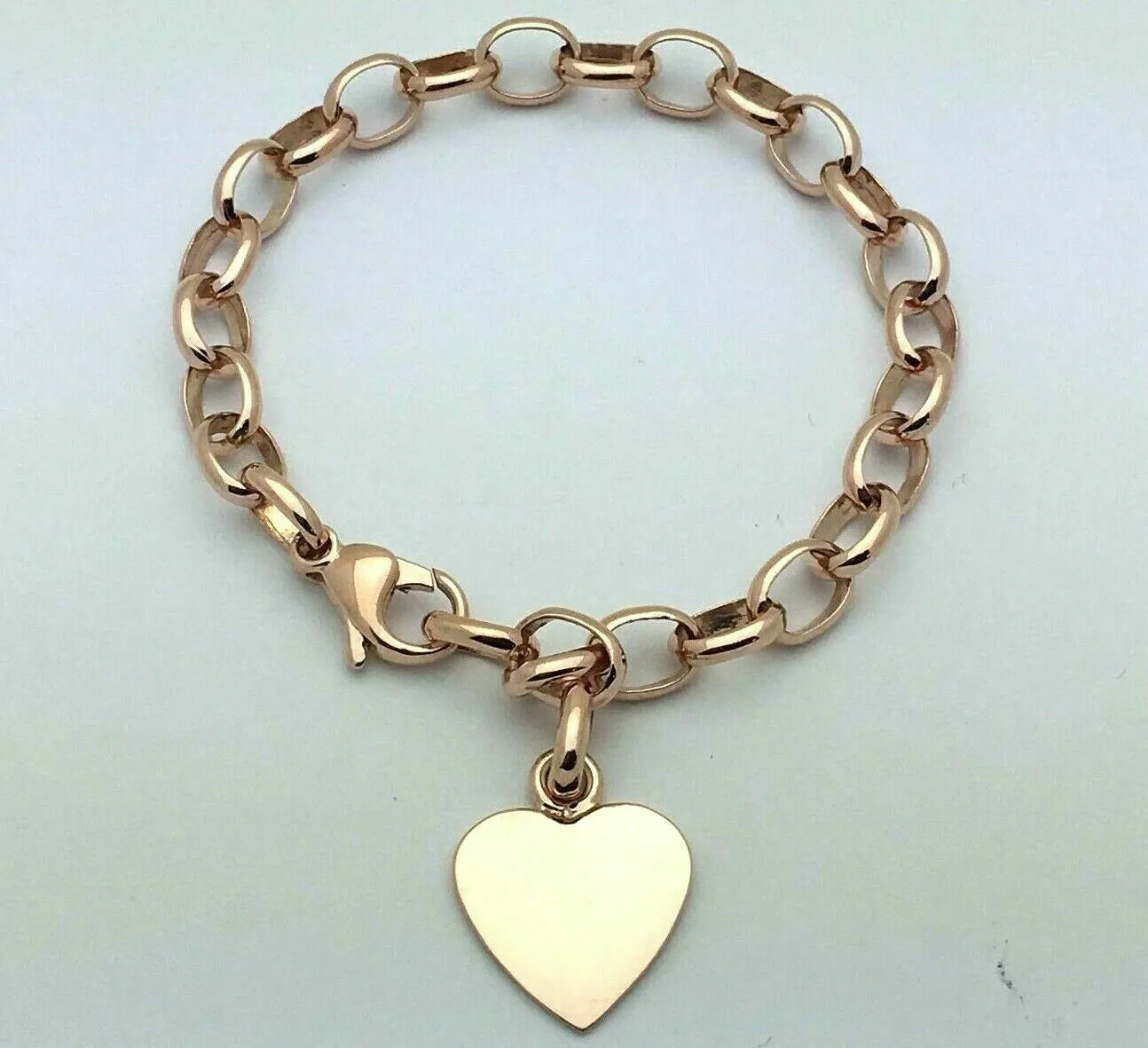 14k Rose Gold Oval Rolo Link Chain Heart Charm Bracelet 8" 18 grams