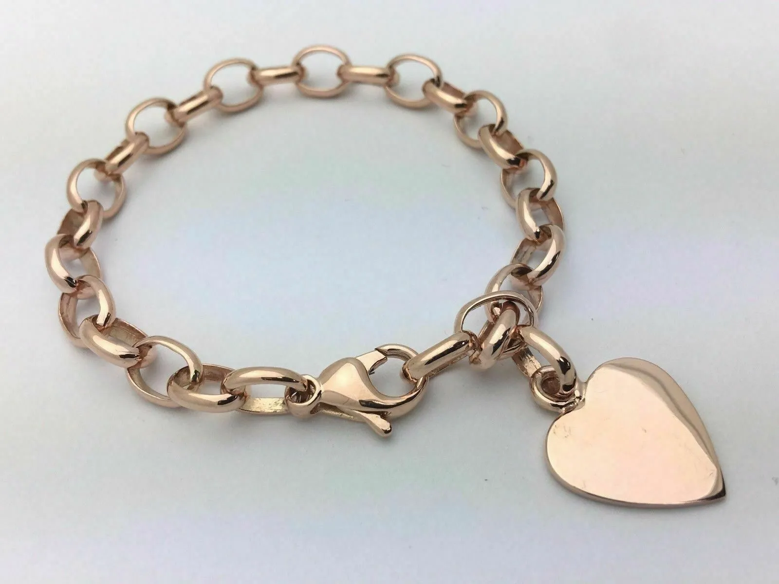 14k Rose Gold Oval Rolo Link Chain Heart Charm Bracelet 8" 18 grams