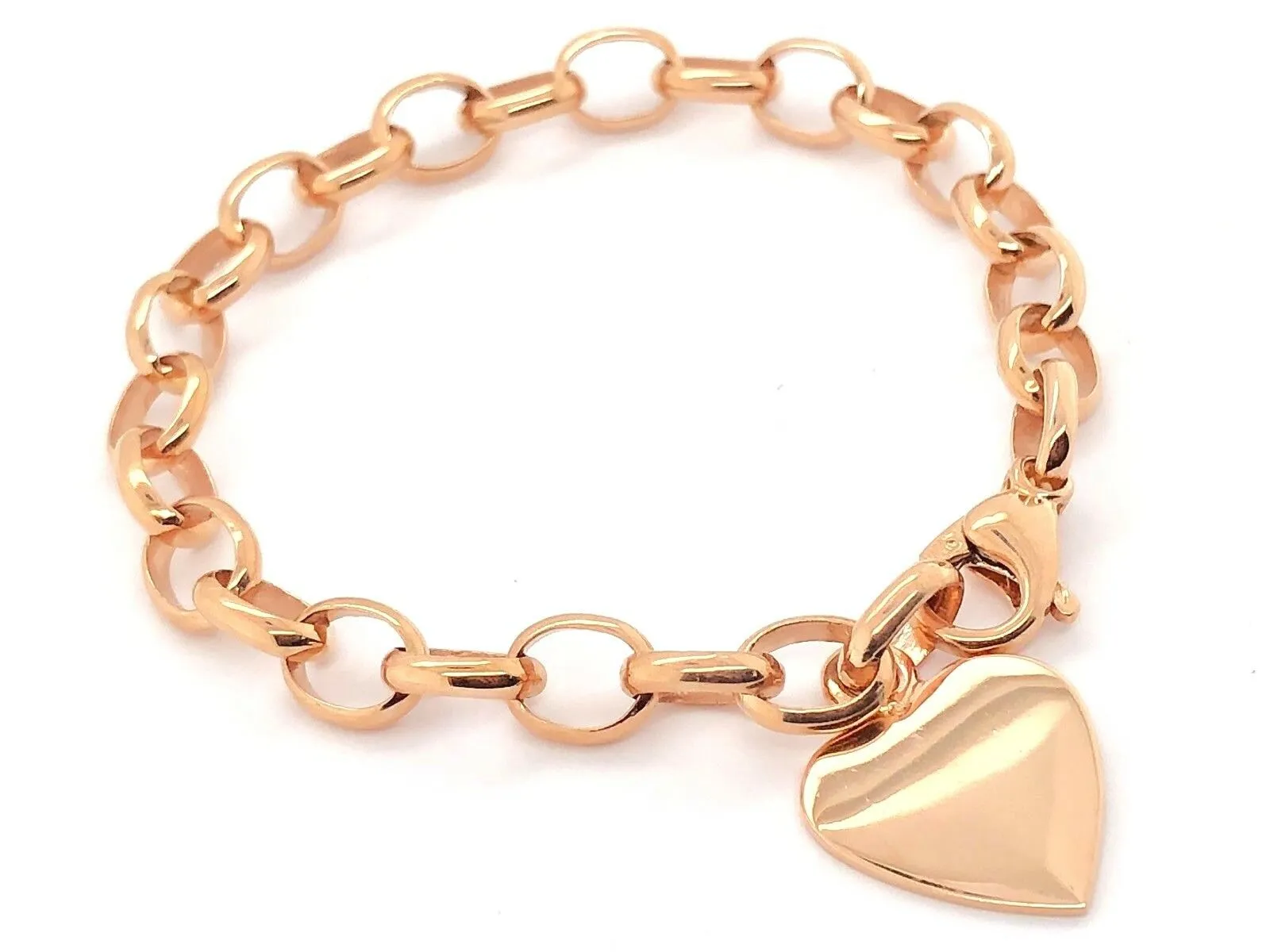14k Rose Gold Oval Rolo Link Chain with Heart Charm Bracelet 7.5" 15.8 grams