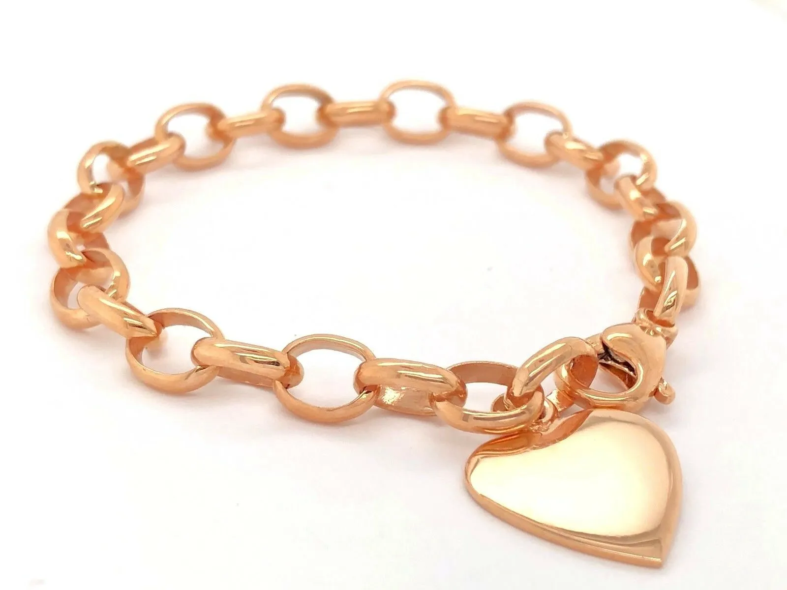 14k Rose Gold Oval Rolo Link Chain with Heart Charm Bracelet 7.5" 15.8 grams