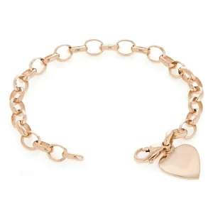 14k Rose Gold Oval Rolo Link Chain with Heart Charm Bracelet 7.5" 15.8 grams