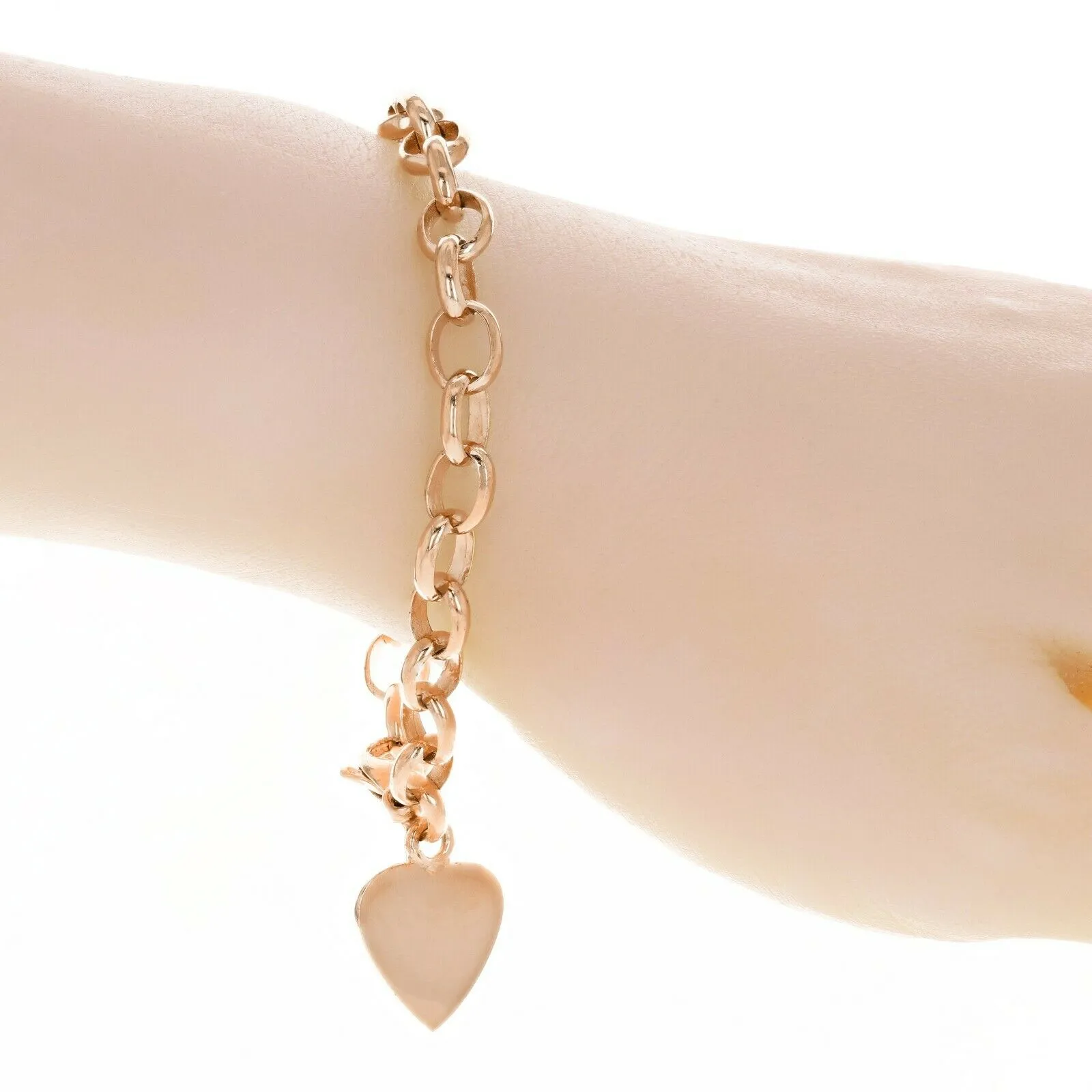 14k Rose Gold Oval Rolo Link Chain with Heart Charm Bracelet 7.5" 15.8 grams