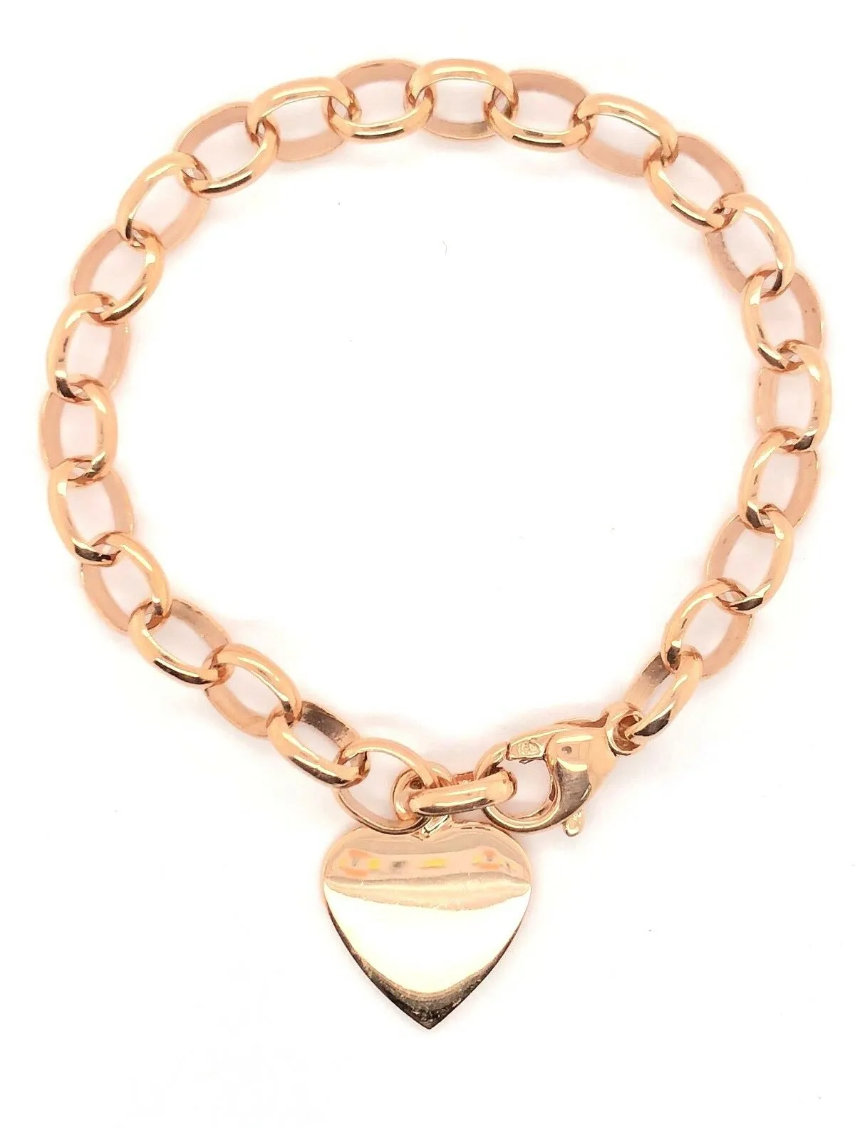 14k Rose Gold Oval Rolo Link Chain with Heart Charm Bracelet 7.5" 15.8 grams