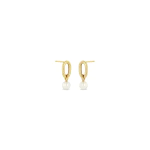 14k Single Extra Large Square Oval Link & Pearl Drop Earrings