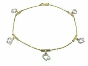 14K Two Tone Gold Ball Bead Tube Bar & Heart Charm Anklet Bracelet 9.5" 5.2g